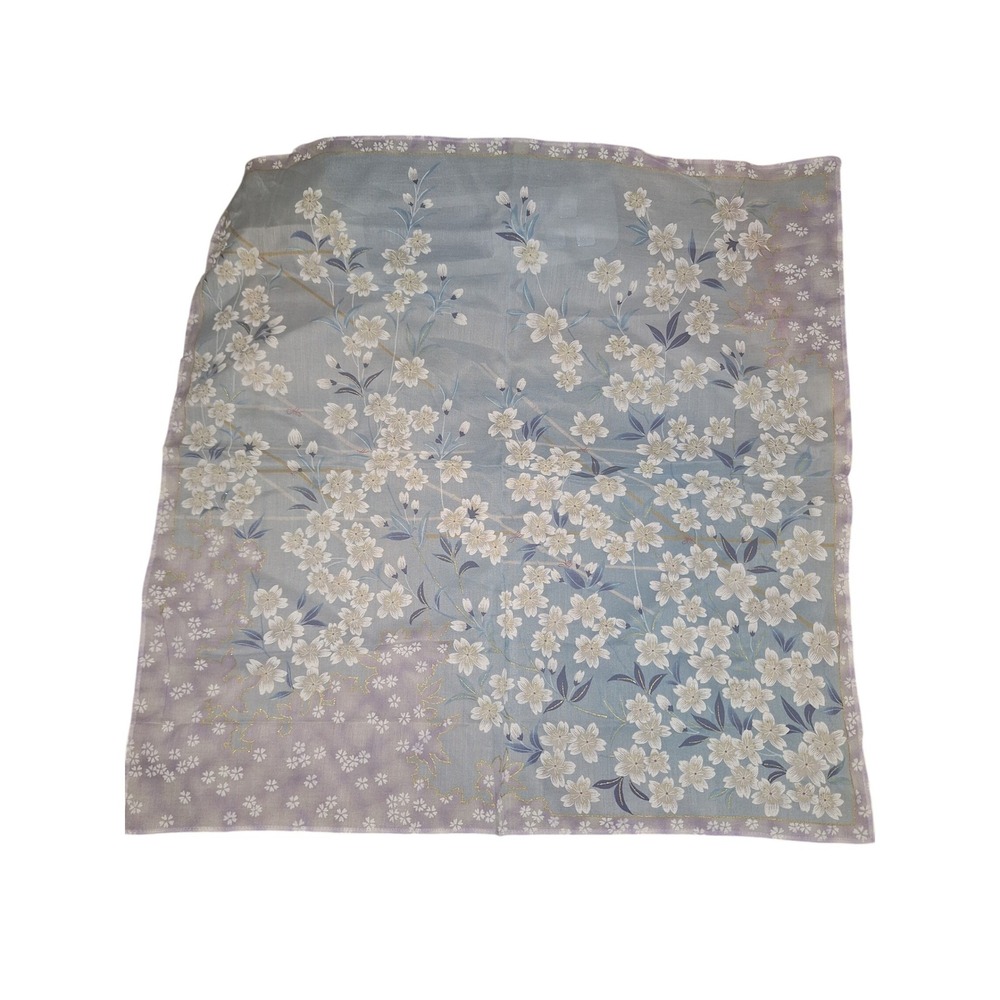 Floral Cherry Blossom Square Scarf Blue Lavender Sheer Lightweight Neckerchief - Picture 2 of 3
